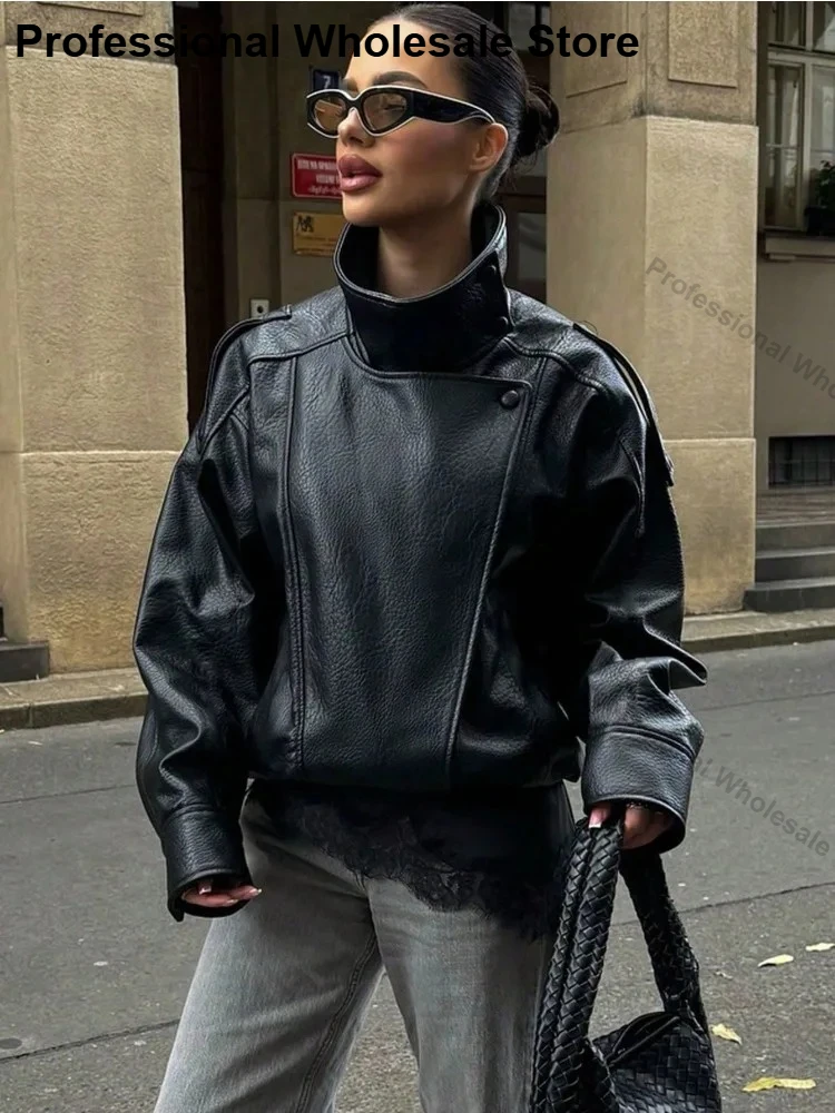 Women's Faux Leather Jacket Y2k Faux Leather Jacket Casual PU Jacket Motorcycle StyleLeather Trench Coat Pebble Fall Personality