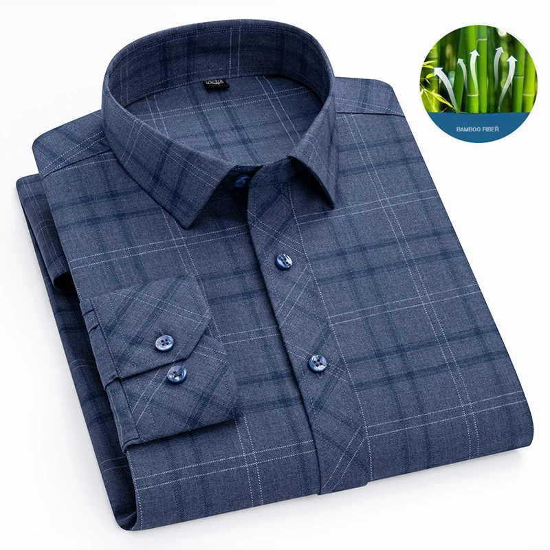 New in shirt Bamboo fiber plaid long-sleeve shirts for men slim fit formal shirt soft casual office tops popular korean clothes