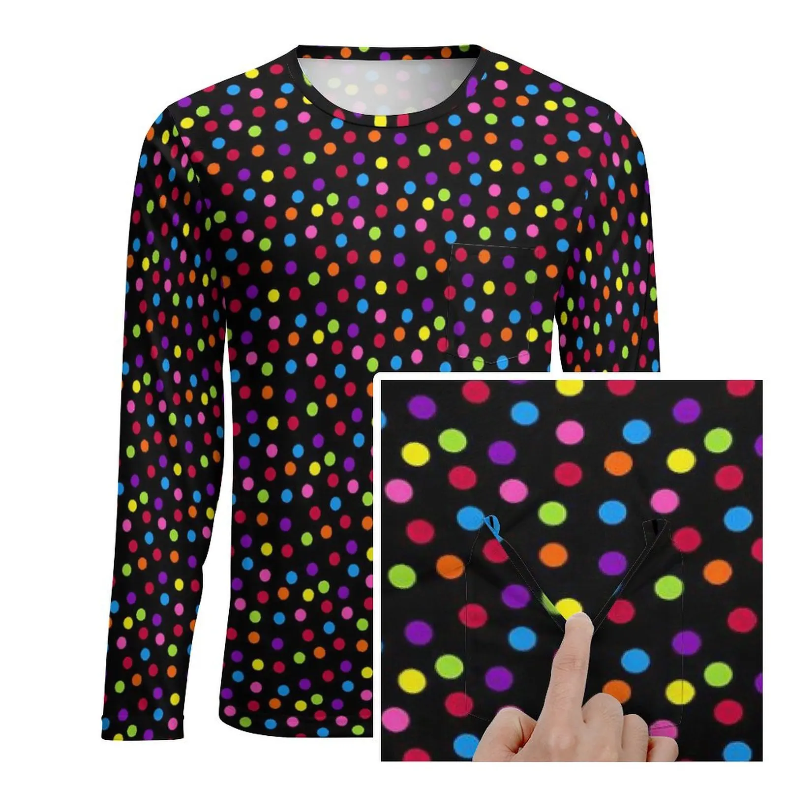 Colorful Polka Dots T-Shirt With Pocket Rainbow Dot Print Cool T Shirts Mens Casual Tee Shirt Long Sleeve Custom Top Tees