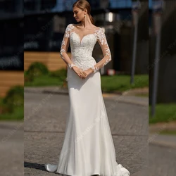 Smooth Satin Surface Wedding Dresses Lace Appliqued Long Sleeves Bridal Gowns 2025 Sexy Mermaid Ball Vestidos De Gala Customized