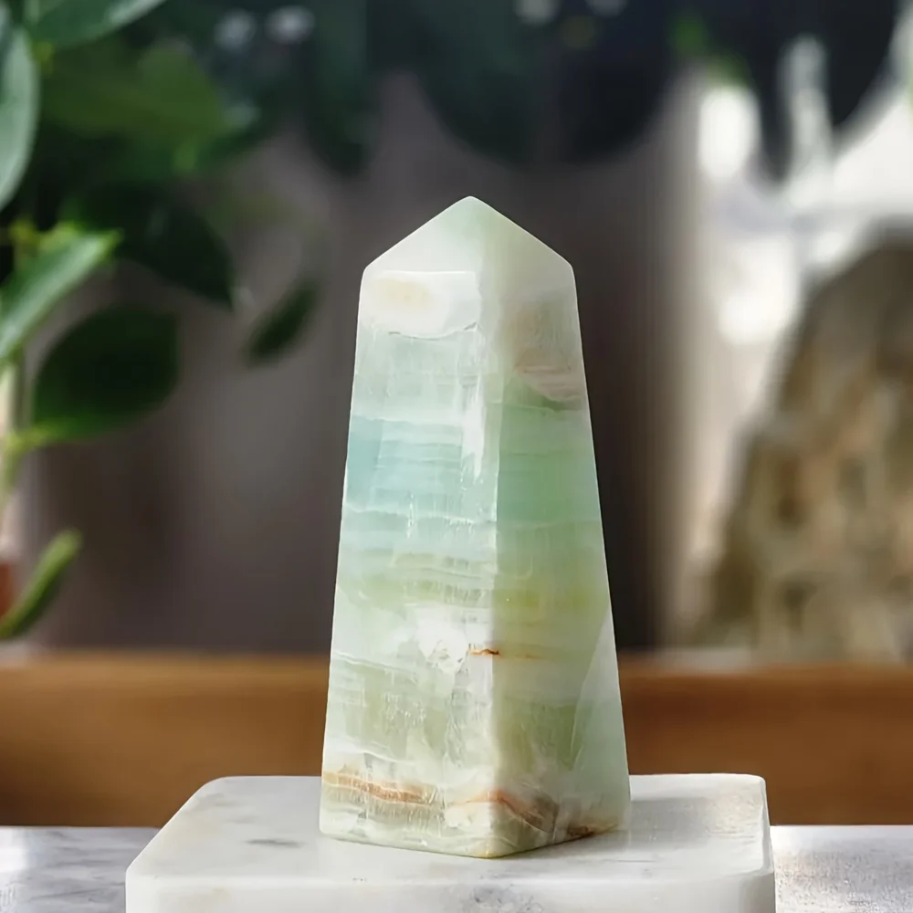 1PC Natural-Like Pistachio Calcite Tower - Bohemian Floral Pattern Polished Finish, Shaft for Spiritual Home/Office/Altar Decor