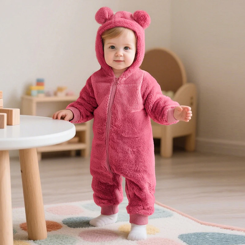 6 9 12 18 24 36 Months Baby Girls Rompers Cute Plush Bear Autumn Keep Warm Boys Overall Jumpsuit New Infant Crawling Clothing