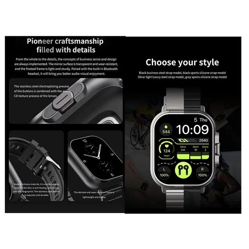 FFYY-Bluetooth Calling Smart Watch 2 In 1 Sports Smartwatch Earphones Wireless Health Monitor Fitness Record Tracker