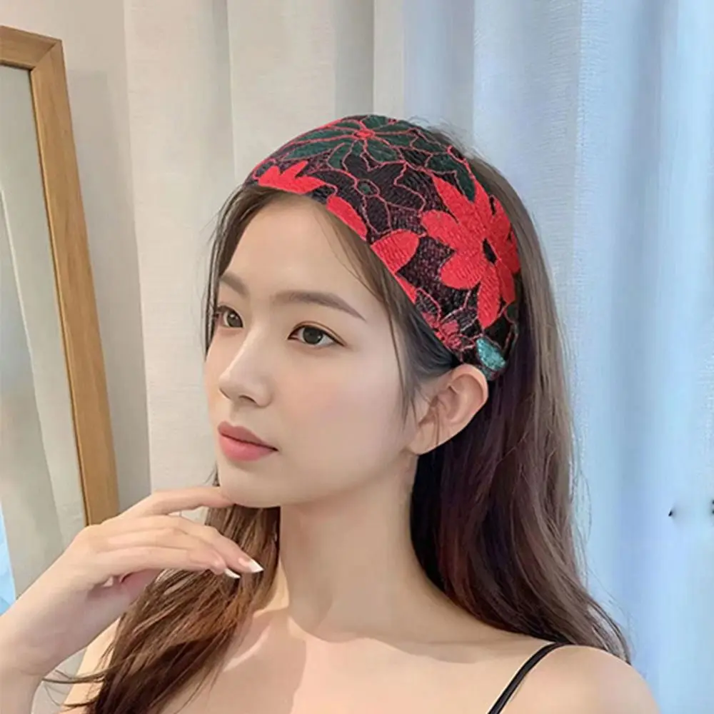 Diadema bordada de encaje de malla a la moda, diadema antideslizante con dientes de flores, diadema antideslizante ancha de primavera para mujer, aro para el pelo para lavar la cara