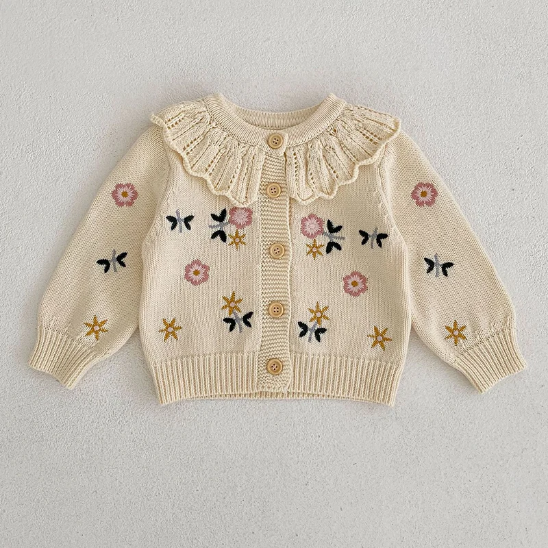 Autumn Winter Toddler Baby Girl Knitting Clothes Suit Floral Embroidery Cardigan+Jumpsuit Infant Baby Girls Knitted Clothing Set