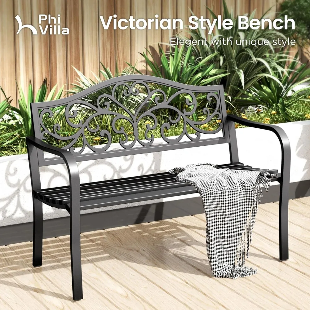

43 Inch Cast Iron Steel Frame Outdoor Garden Bench, Patio Furniture Chair Bench w/Floral Design Backrest, - HOME