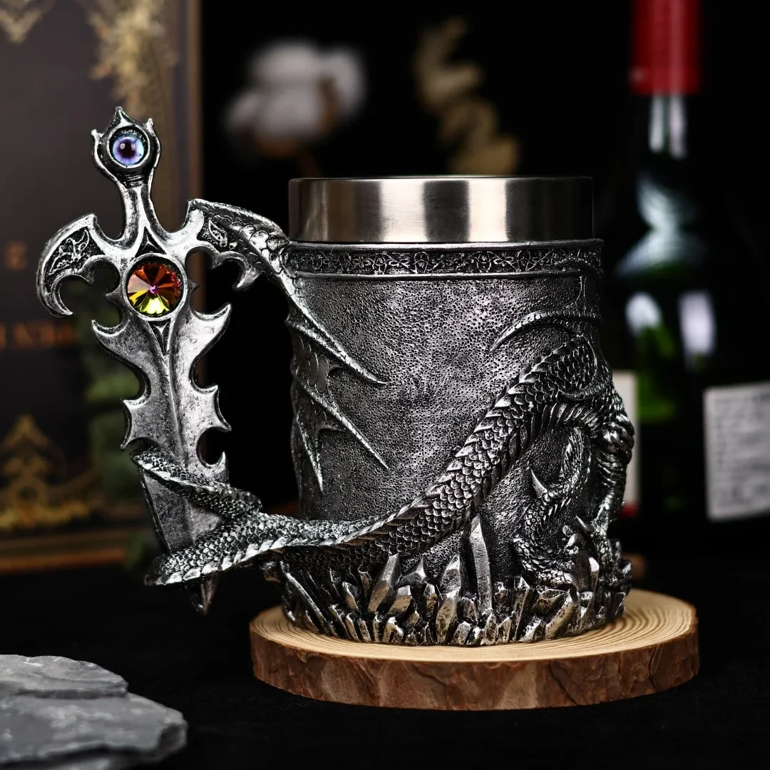 Kids Flying Dragon Cross Sword Holy Grail Resin Stainless Steel Mug, Coffee Mug Gift for Men, Mythology Fans