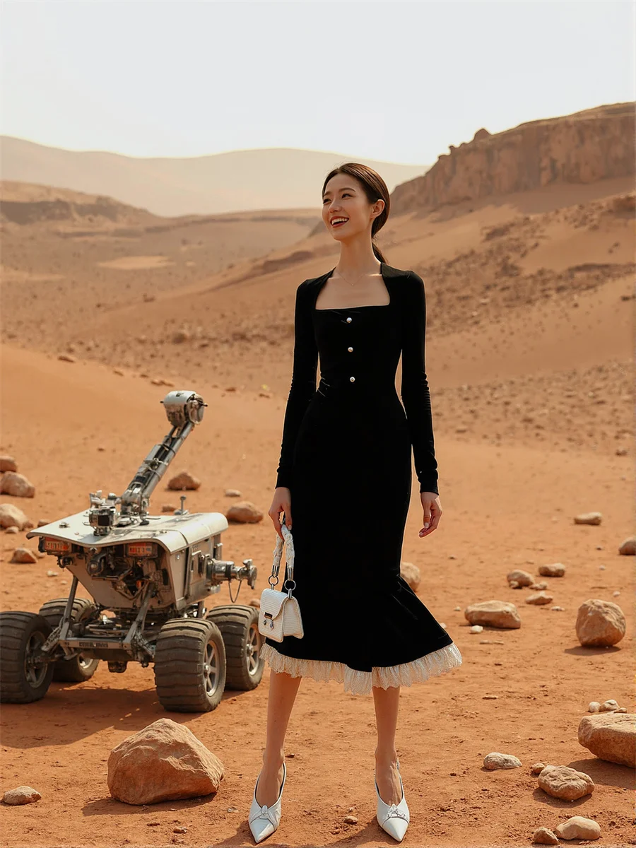 Vestidos femininos estilo coreano preto drapeado em camadas babados até o tornozelo tecido fairycore outono fantasia moda