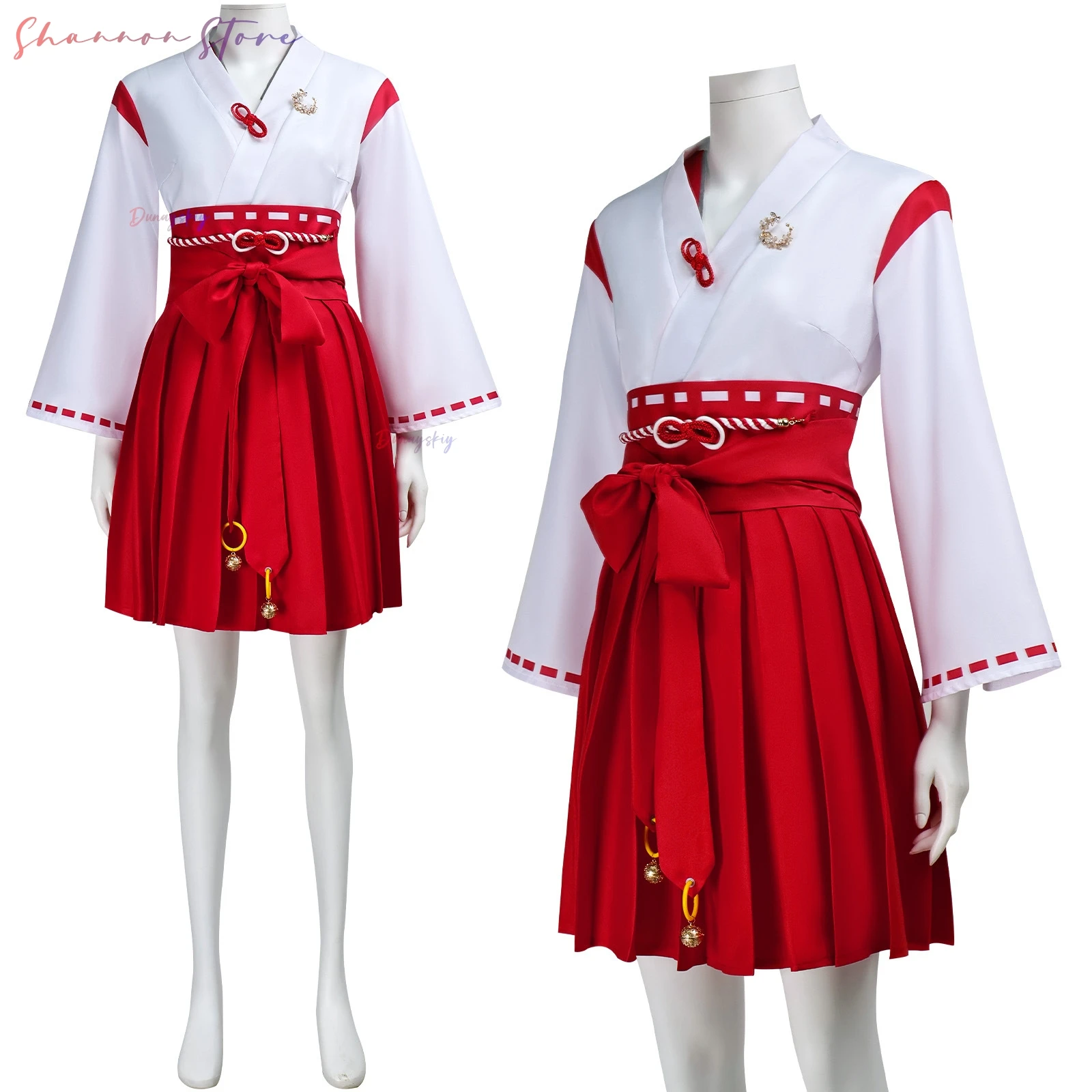 كوسبلاي سايلنت هيل كوسبروفе- فستان كيمونو ياباني أحمر-أبيض وحزام على شكل فيونكة وإكسسوارات جرس، رداء الهالوين ملابس الحفلات