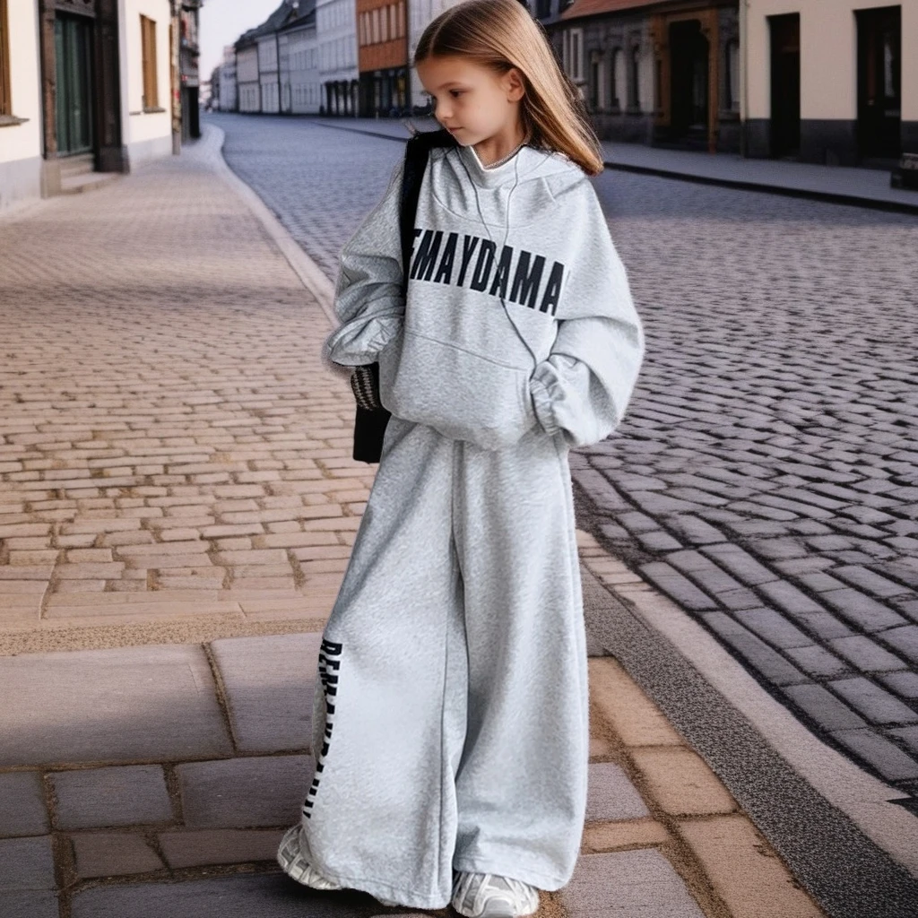 

Autumn Girls Grey Hoodie Set Kids Letter Print Sweatshirt Joggers 2pc Tracksuit Casual Outfit Sportswear School Children Clothes