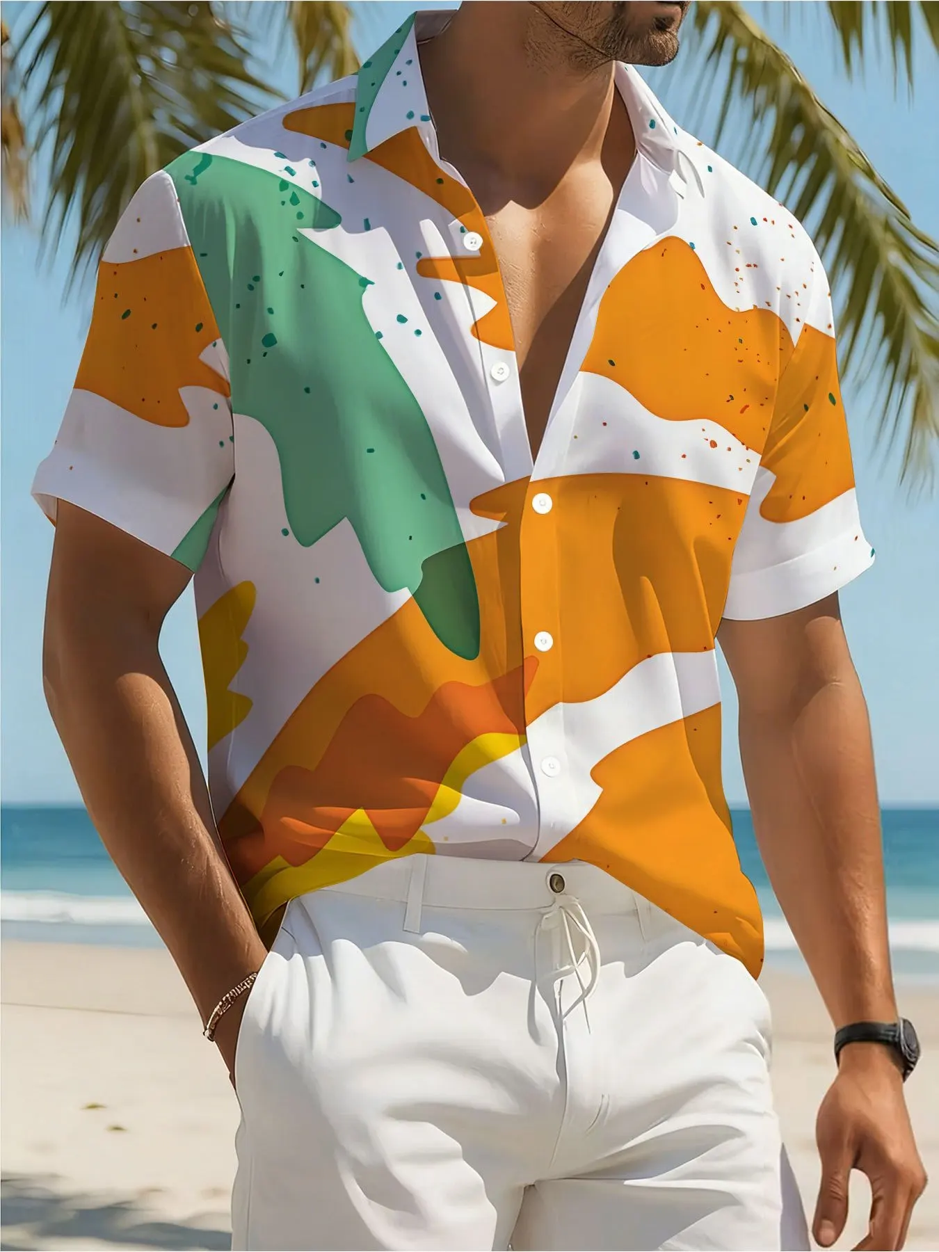 New Men's Shirt Abstract Color Block Splatter Print Short Sleeve Lapel Button Down Casual Summer Street Tops Men Clothing