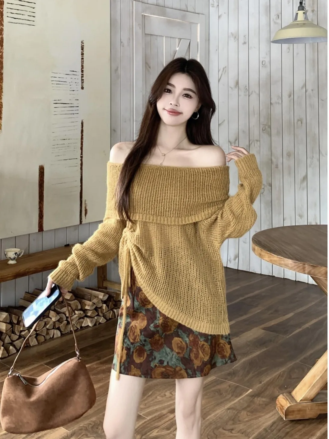 

plus Size Knitted Floral ter Ne Long Sve Women's Top And Skirt Set High Waist A-Line Dr Autumn Faion plus Size