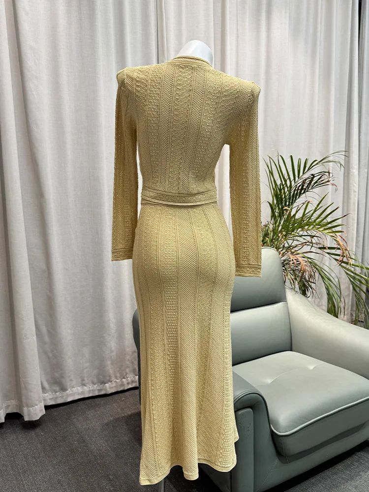 CHUJIE 2025 Ensemble de style français printemps/été – Cardigan et jupe mi-longue en tricot de dentelle, tenue élégante en mélange de viscose et de nylon