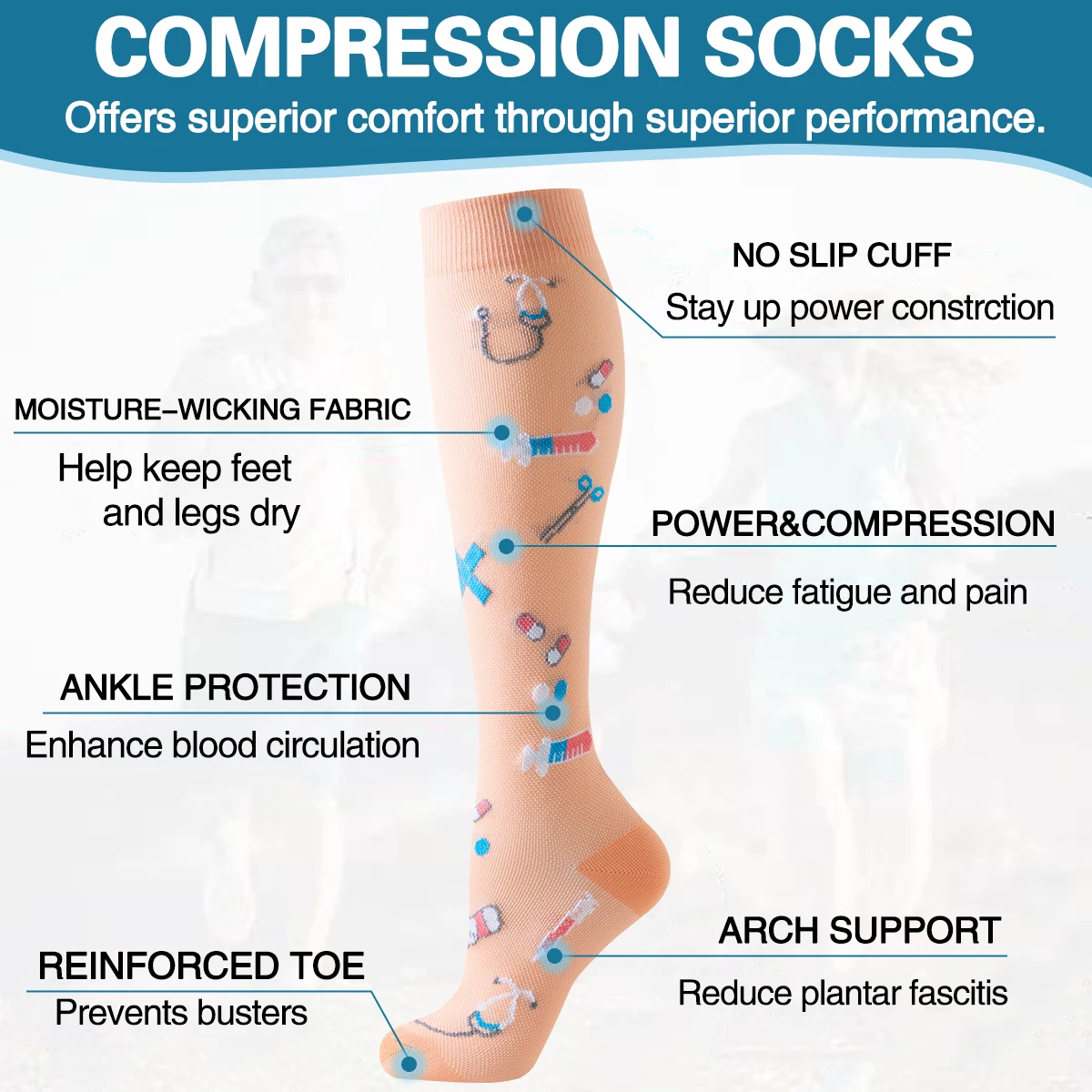 6 ペアアスレチックコンプレッションソックス女性、かわいい柄通気性ニーハイソックス女性スポーツナースコンプレッションソックス