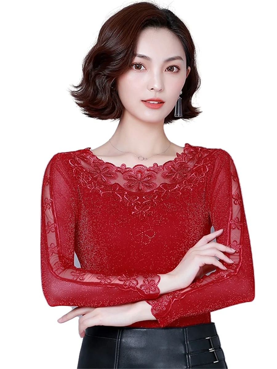 4XL Women Spring Autumn Blouses Shirts Lady Fashion Casual Long Sleeve O-Neck Collar Lace Sexy Embroidery Blusas Tops CT0268