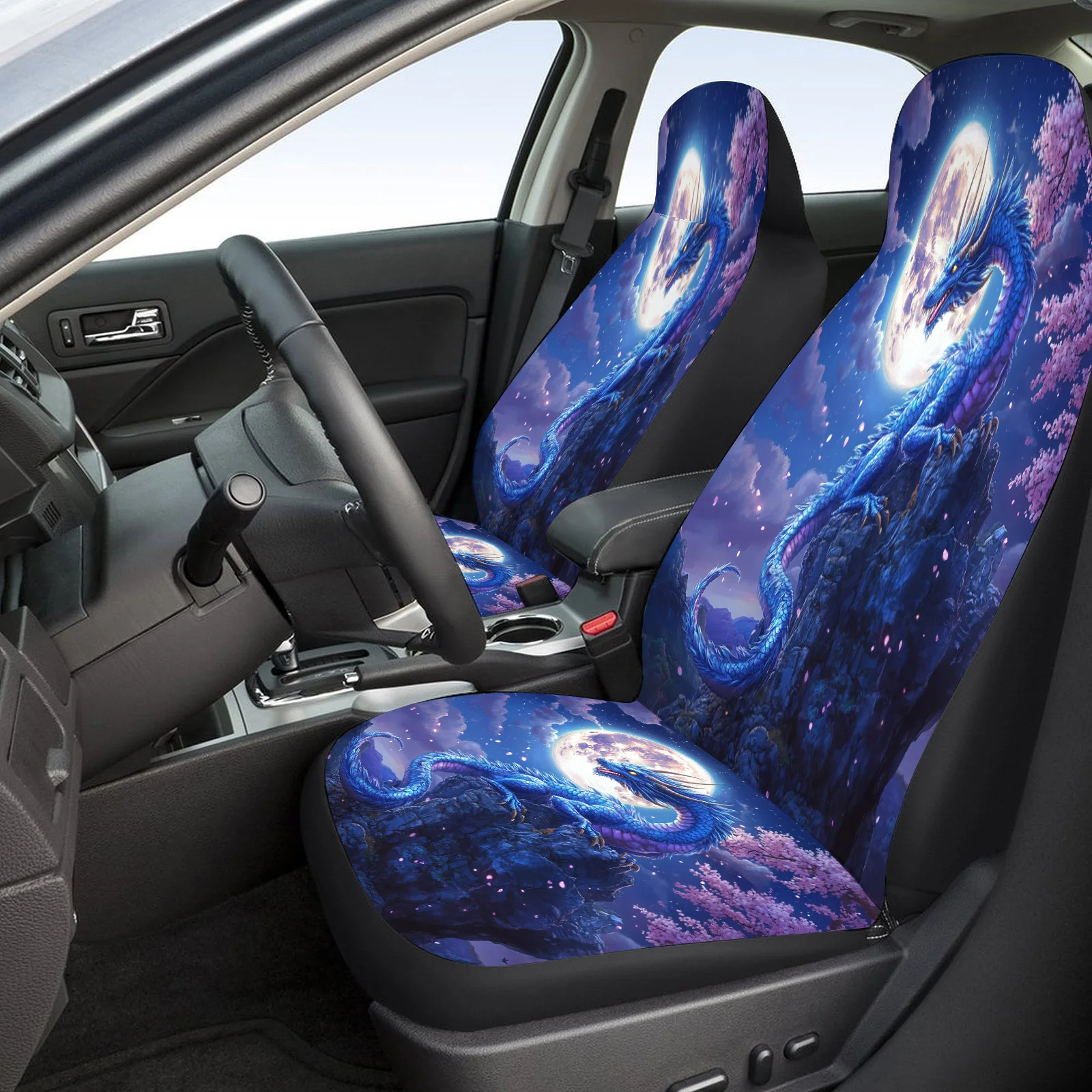 Dragon Moon Night Cherry Blossom Themed Car Seat Cover Set For Most Cars Trucks, Trendy Breathable Car Seat Protector Covers Ful