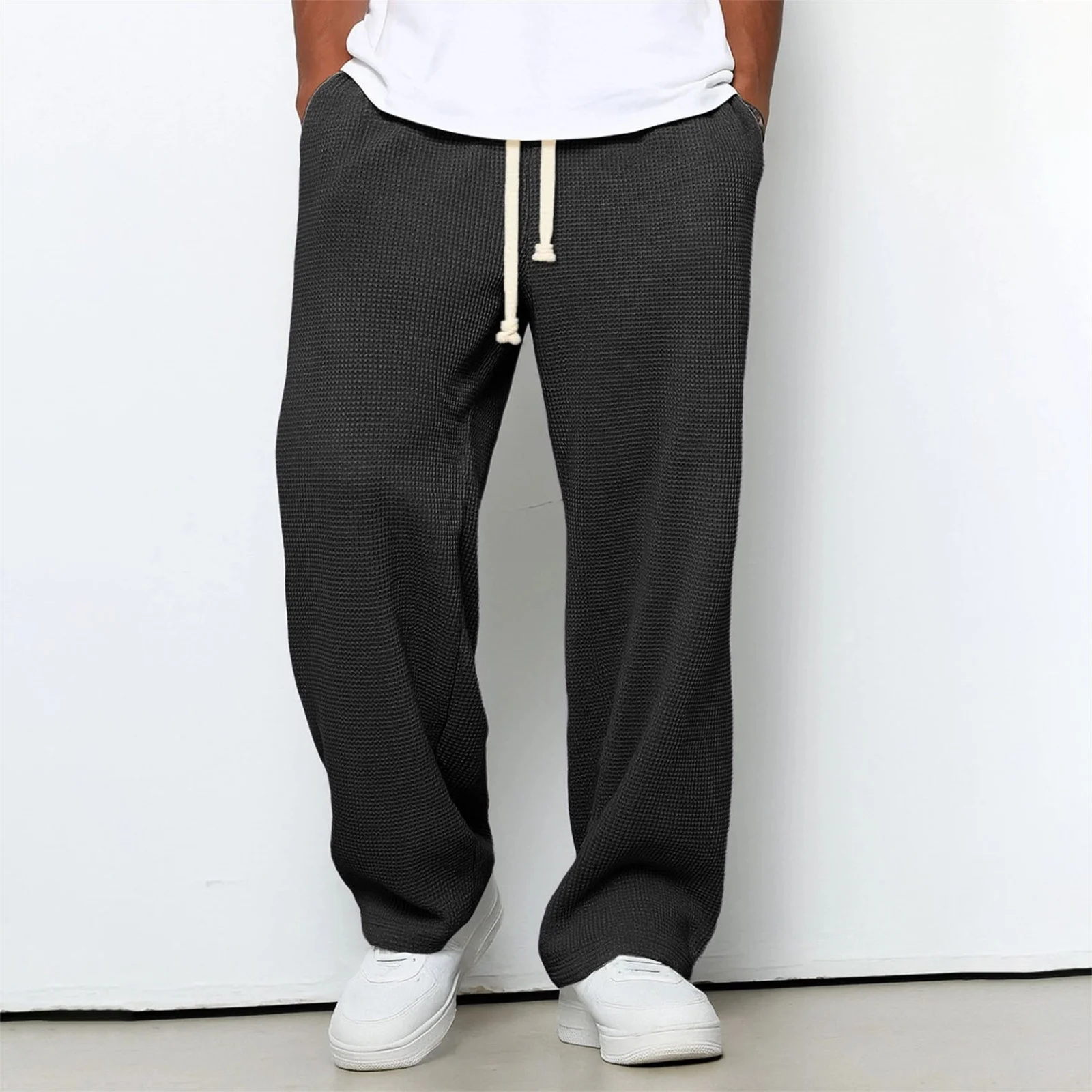 Men's Sweatpants 2026 New Men's Waffle Knit Sweatpants Loose Fit Joggers Casual Trousers Straight Leg Wide Leg Lounge Pants