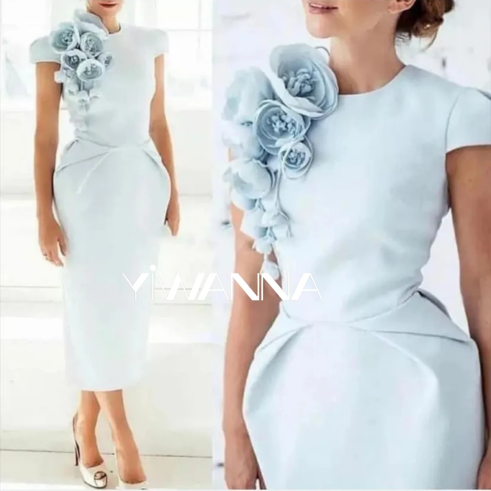 Vestido Simple de manga corta para madre de la novia, elegante vestido de fiesta de flores 3D, vestido de Noche Azul modesto, vestido de noche hasta el té