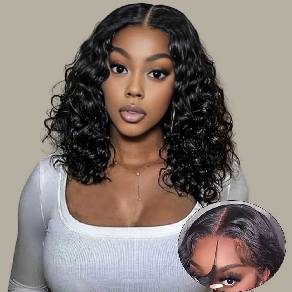 Pelucas de Bob corto Frontal de encaje ondulado con agua para mujer, peluca de encaje transparente 5x5, parte de encaje rizado con agua prearrancada, Color Natural medio