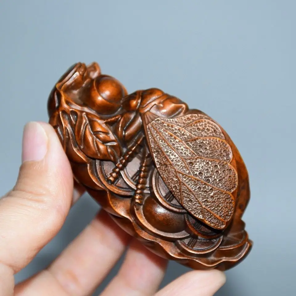 Hand Carved Wood summer insect cicada Statue Figurine Desktop Ornaments Home Decoration Crafts Tea Pet Decor