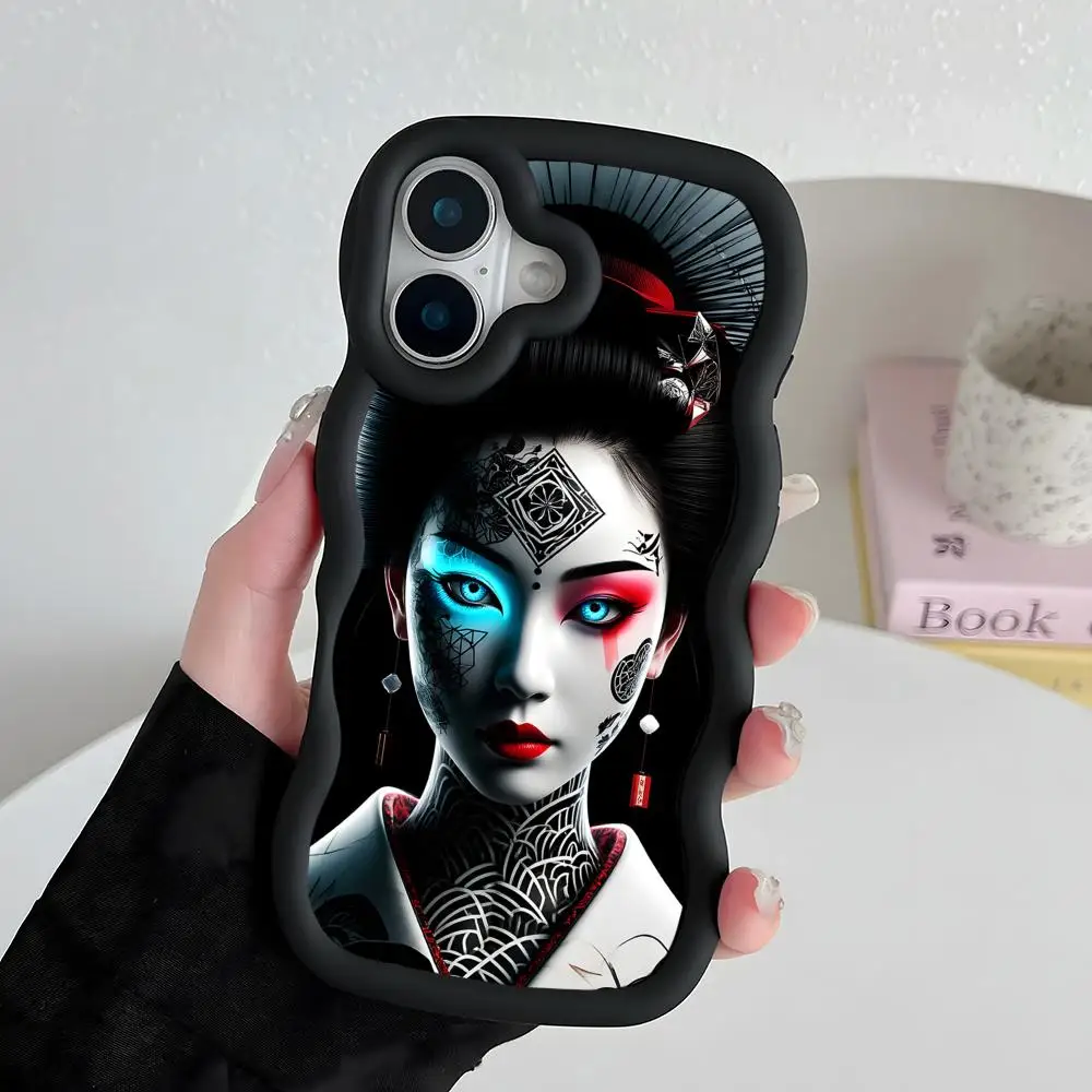 

Geisha Tattoos Phone Case for iPhone 17 16 15 14 13 12 11 Air Pro Max Plus Black Soft TPU Wavy Edge Cover