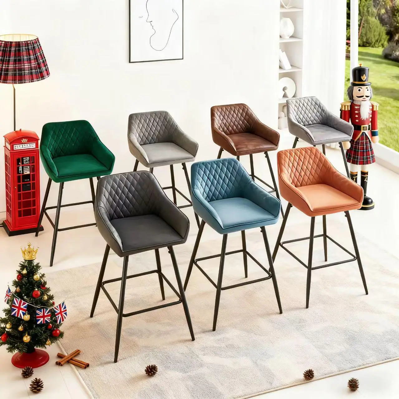 AINPECCA Bar stools Set of 2 Velvet/FauxSuede/Faux Leather Upholstered Seat with Backrest & Armrest Metal Legs Counter Breakfast