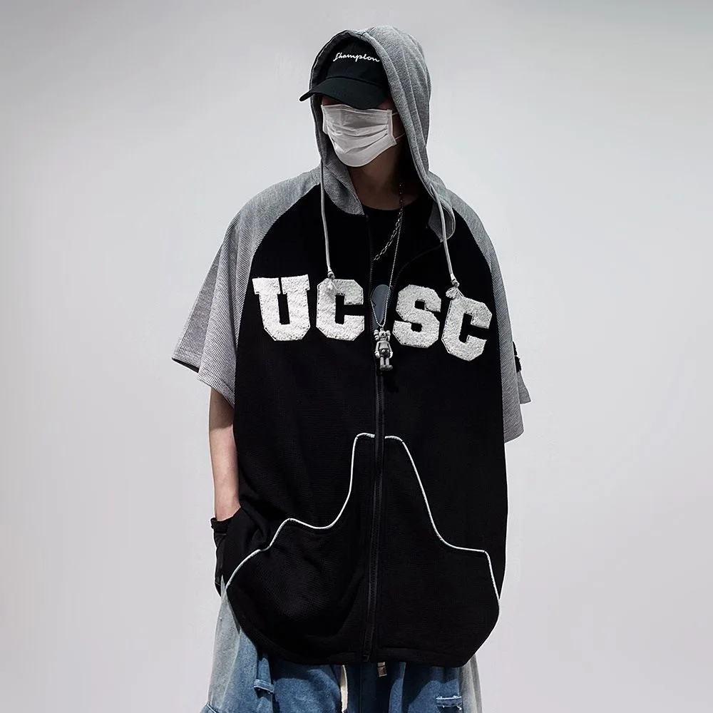 ARENS Hip Hop Fashion Brand Cardigan Top Men's Hooded Half Sleeved Loose Oversized Waffle Shirt Oversized Short Sleeved T-shirt