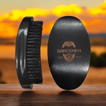 Gracemen 천연 나무 수염 그루밍 브러시, 360 웨이브 브러시, 곡선 나무 손잡이, 흑인 남성용 수염 헤어 브러시 
