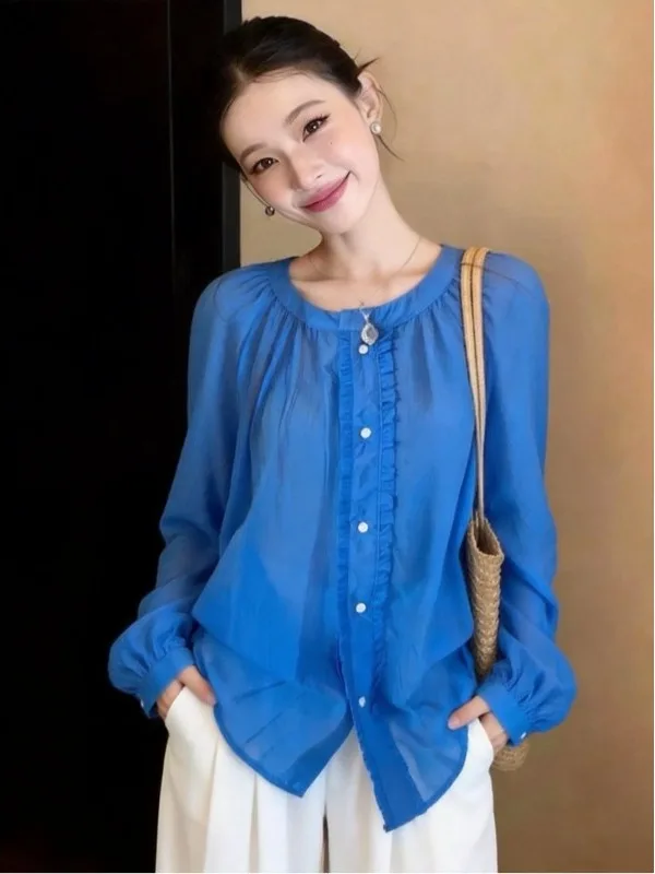

plus Size round Neck Long Sleeve Shirt Breathable Thin Outerwear Summer Casual Cleanfit Loose Fit Frock with Wood Grain