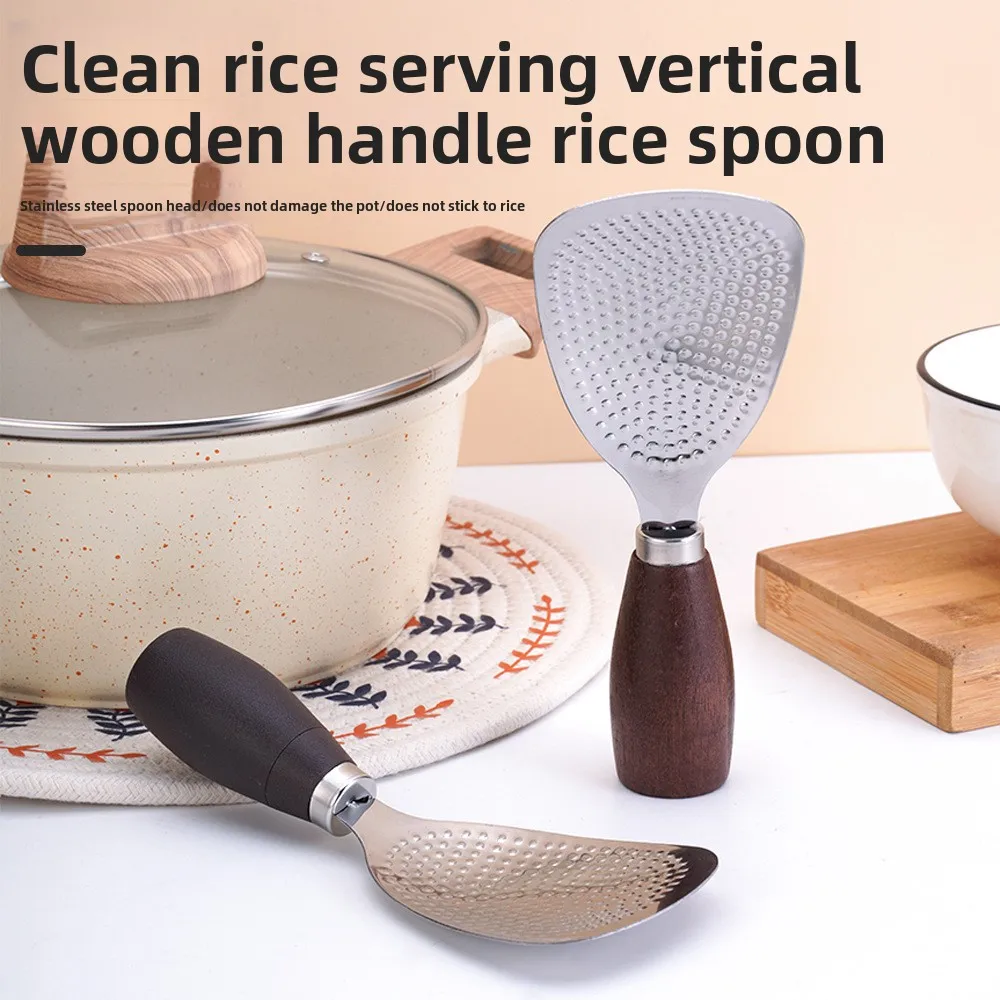 

Stainless Steel Rice Spoon with Wooden Handle for Household Kitchen, Standable and Non-Stick to Rice Pack of 2