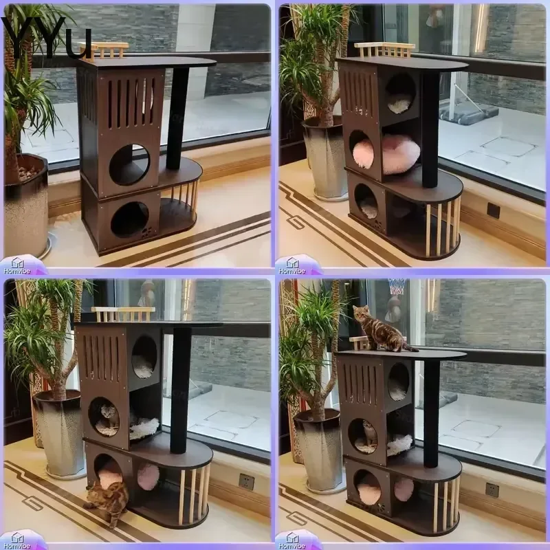 for Solid Wood Cat Tree Tower Plush Bed Sisal Scratching Post Large Cat Condo Furniture for Big Cats Kittens Indoor Activity