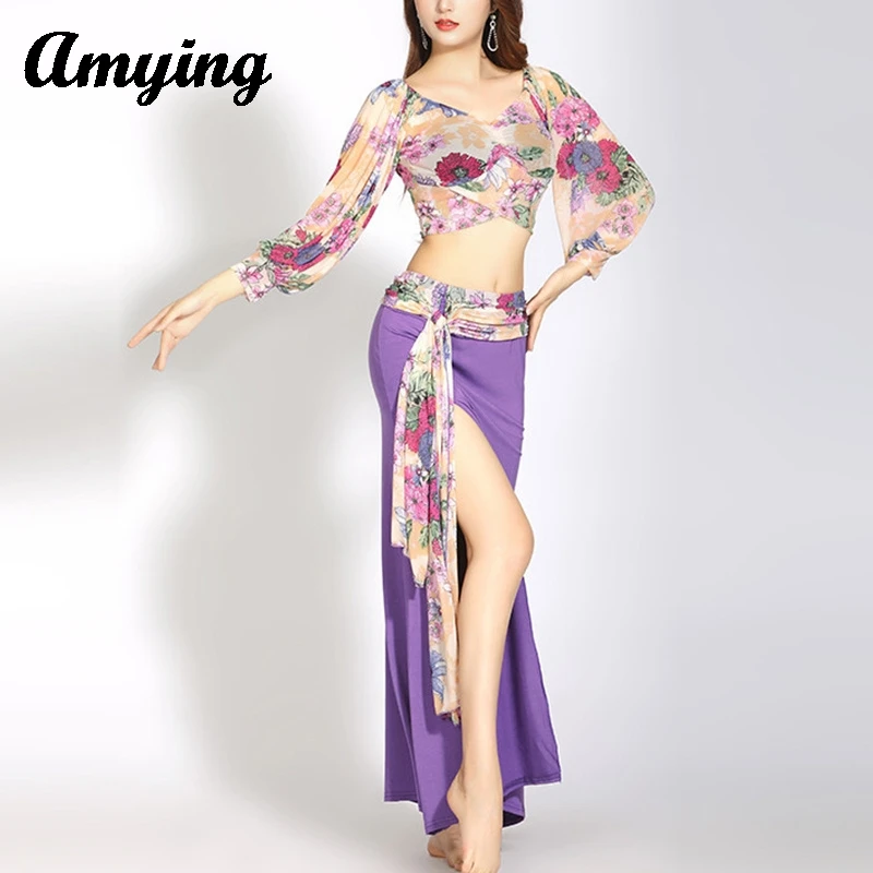 New Belly Dance Costume Set Women Performance Clothing Long Sleeved Top+Elegant Skirt Indian Dance Wear Practice Training Suit