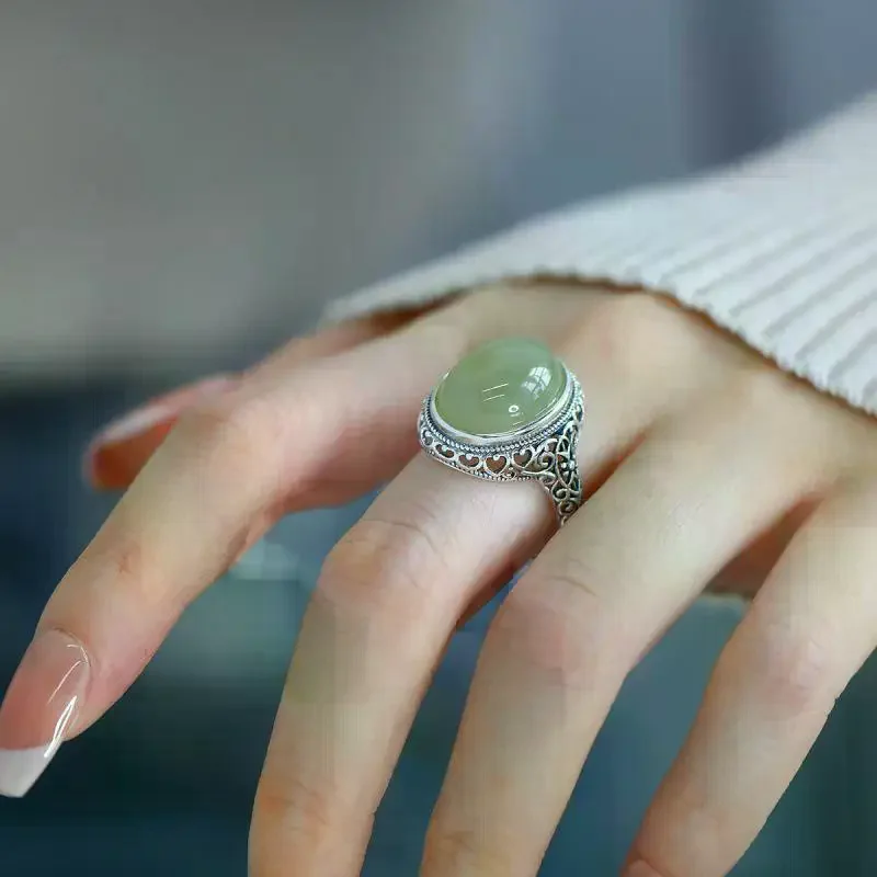Ethnic Style Jade Egg-shaped Ring For Lady Finger Accessories Vintage Relief Flower Ring Women Jewelry Adjustable