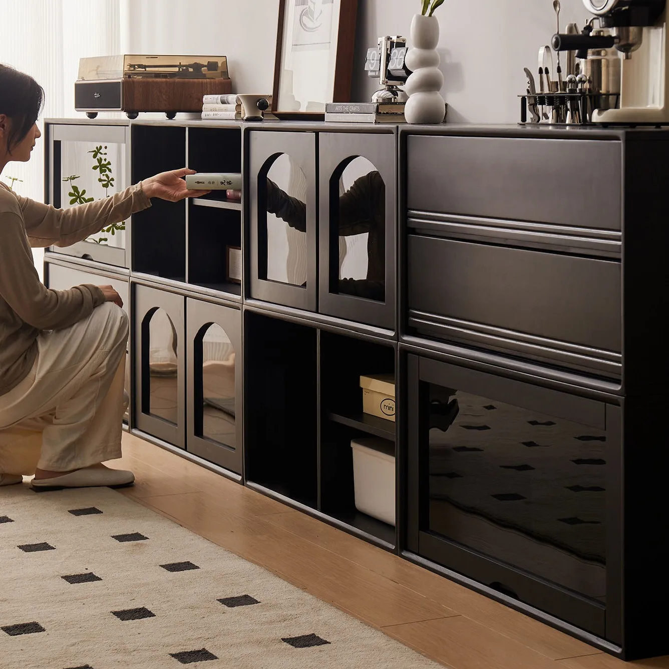 Living room module TV cabinet Nordic style all solid wood combined cabinet Bedroom bedside storage cabinet Nordic study low