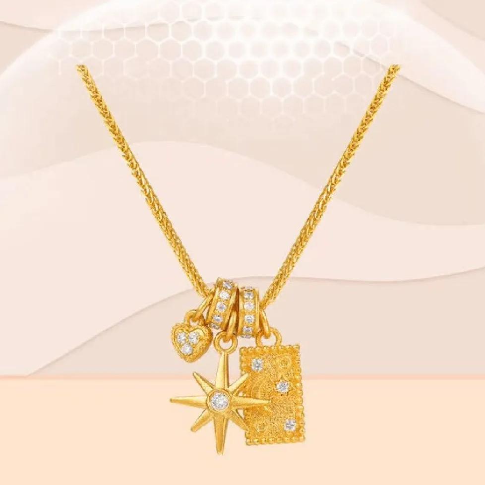 9999 24K Real Gold Sun and Moon Mythology Pendant High-end and Light Luxury Necklace Meteor Tag Pendant Collarbone Chain