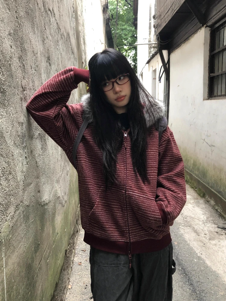 Amerykańska moda retro, płaszcz w paski z kapturem, damski, casualowy, kardigan w stylu Y2k, kurtki, estetyka Harajuku z lat 2000, vintage bluzy