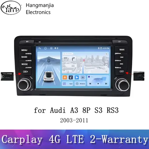 Hangmanjia 아우디 A3 8P 2003-2011 S3 RS3 스포츠백 카플레이, 자동차 멀티미디어, RDS GPS, 2din DVD 라디오 없음, 안드로이드 13