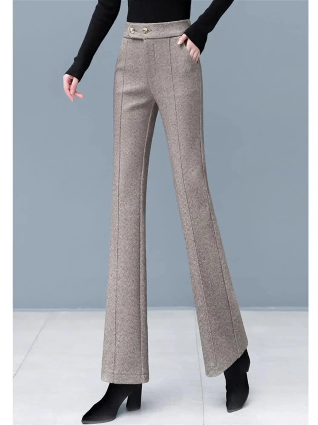 High Waist Thickened Fleece Lined Wool Mix Micro Flared Trousers for Women Autumn Winter Straight Leg Pants Cleanfit Style
