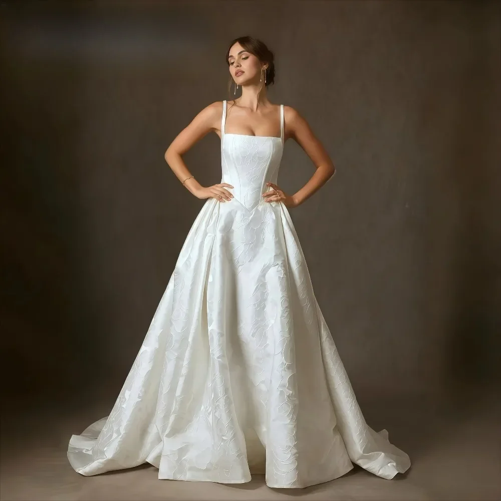 LOVE  Square Neckline Wide Straps Wedding Dresses Corset Satin Ball Gown Bridal Gowns Floral Emboss Low Back Ivory Bride Dress