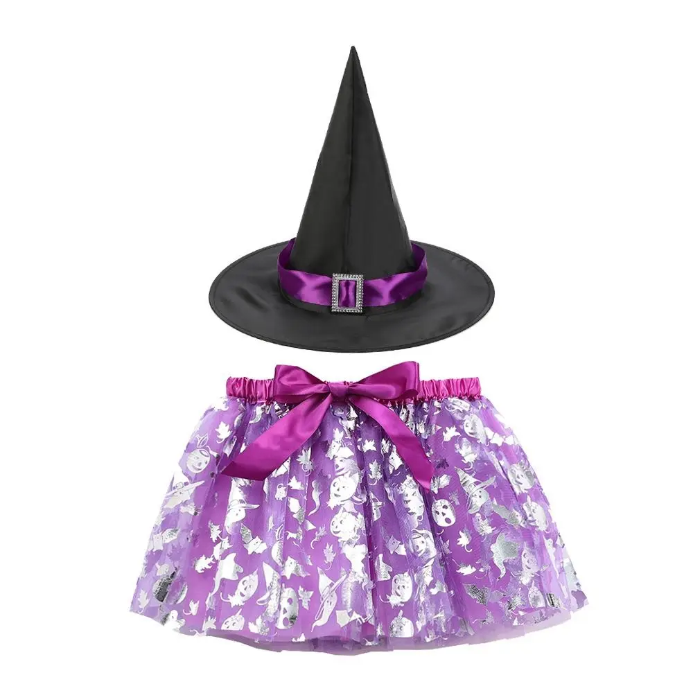 3Pcs/set Wizard Childern Halloween Costumes Broom Pointy Hat Kids Witch Dress Set Bright Color Costume Cosplay Props