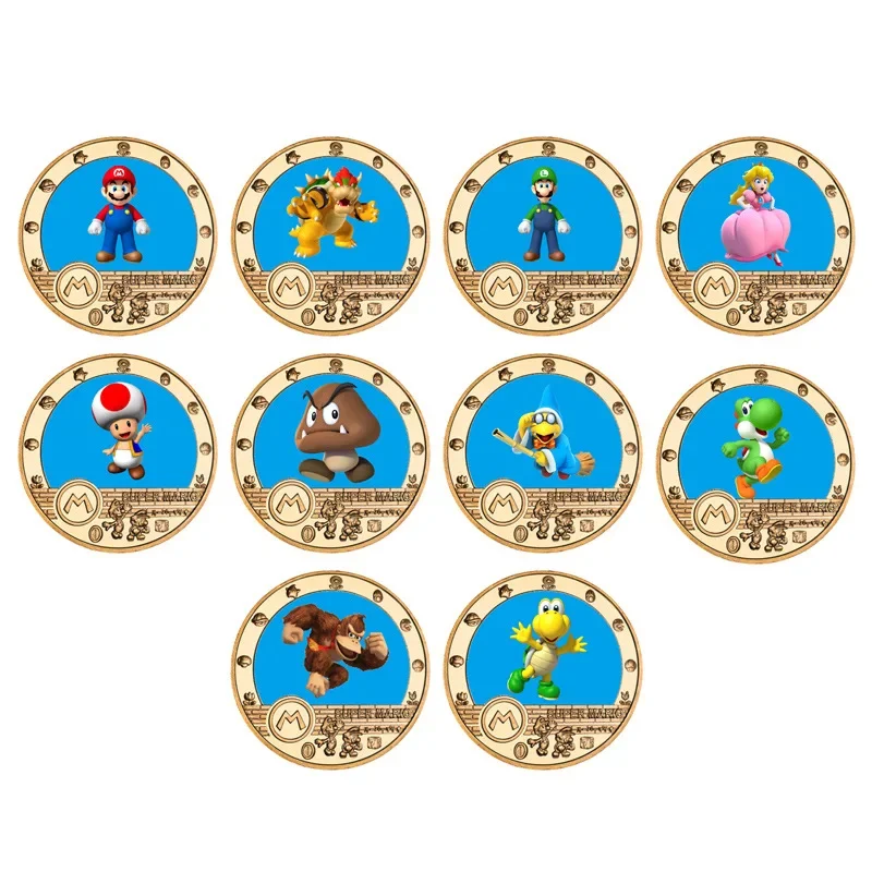 Moeda Comemorativa Mario Bros Anime Luigi Yoshi Princesa Peach, Moeda Comemorativa de Desenho Animado, Brinquedo de Coleção Infantil, Presente