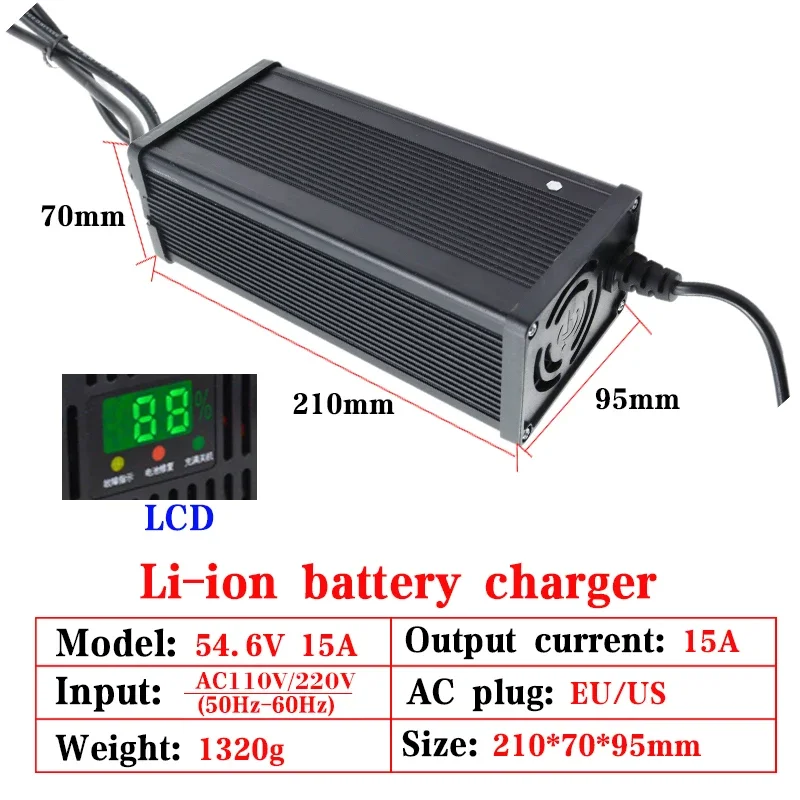 54.6V 15A Lithium Battery Smart Charger LCD With Fan For 13 Series 48V Electric tricycles/scoote Li-ion Cells Fast&Safe charging