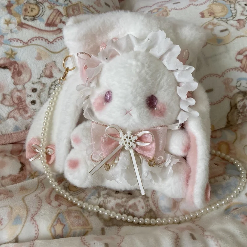 

Original High Quality Plush Aslant Bag Lovely Bowknot Kawaii Lolita Pink Harajuku Lace Love Pearl Handmade Rabbit Bag