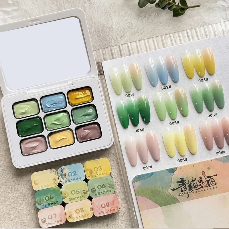 Esmalte em gel sólido da série verde de 9 cores com efeito de blush gradiente, gel UV para unhas, adorno para arte de unhas DIY.