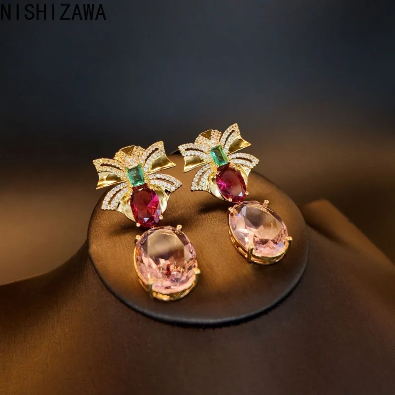 

NISHIZAWA Women Earrings Sweet Bows Palace Style Exquisite Cute Jewelry Vintage Zircon Elegant Fashion Aretes De Mujer