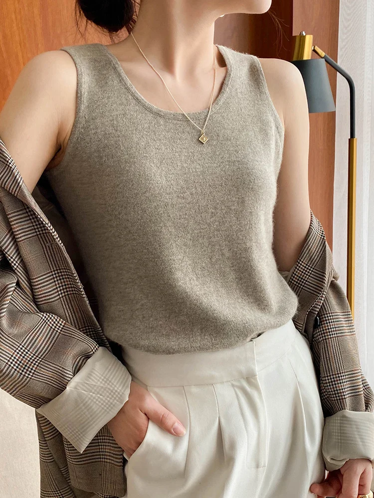 

00% Pure Camere Vest Women's round Ne Svel Knitted Wool Slim Bla Vest Wide Band Inner Wear Base Top