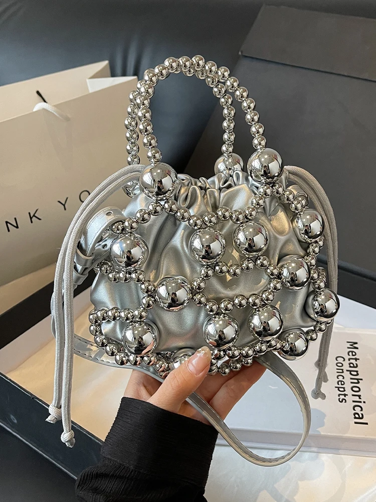 

Elegant Hollow Metal Beads Weave Crossbody Bag Women's Trendy 2024 Super Hot Evening Banquet Bag Delicate Slant Crossbody Phone