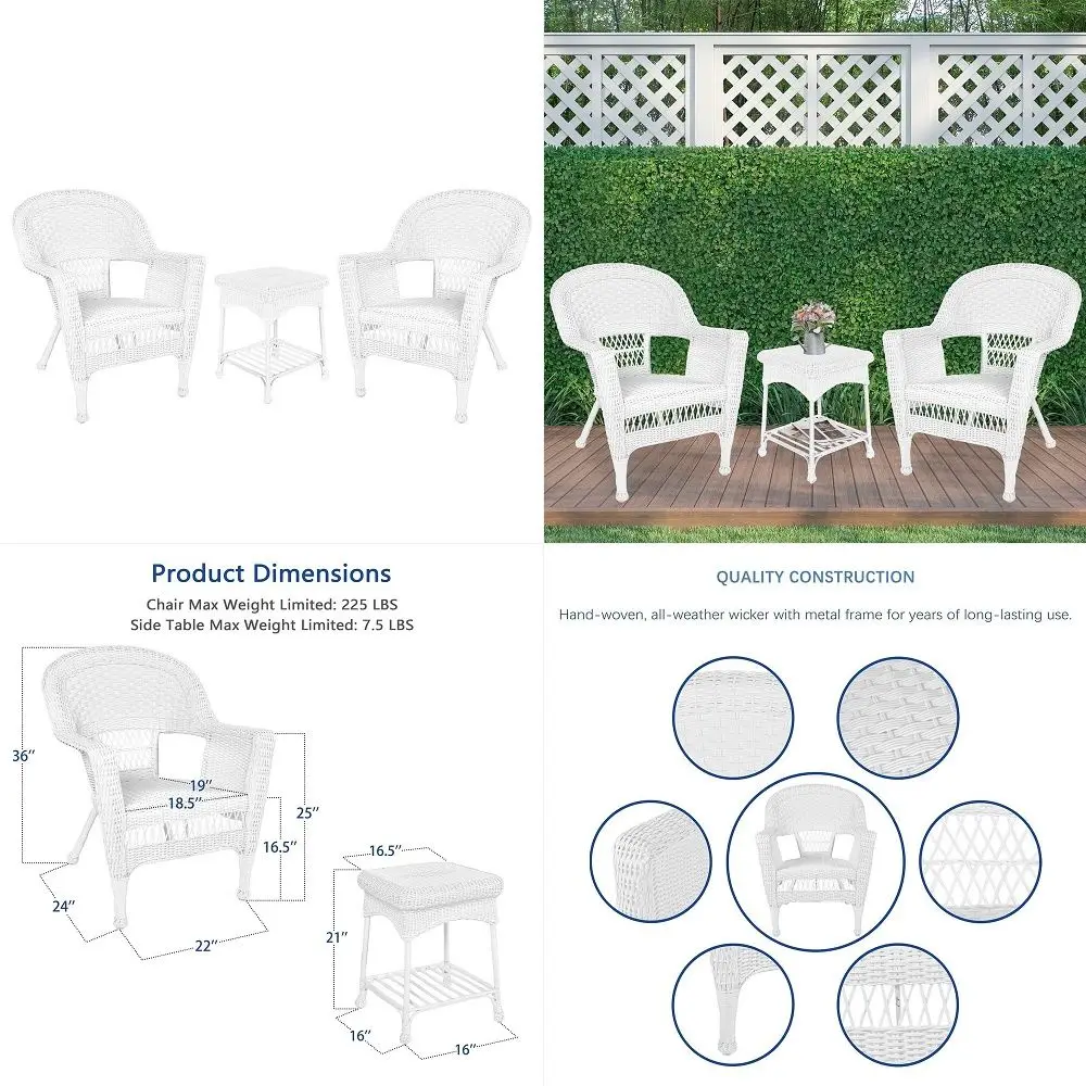 

3 Piece Wicker Chair and End Table Set without Cushion, White