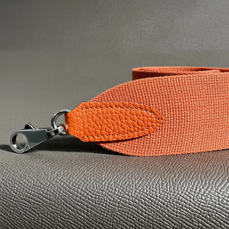 Orange Togo Cowhide 5cm Wide Canvas belt Steel Buckle Genuine Leather Hand Sewn Suitable For Kelly Bags, Shoulder Straps