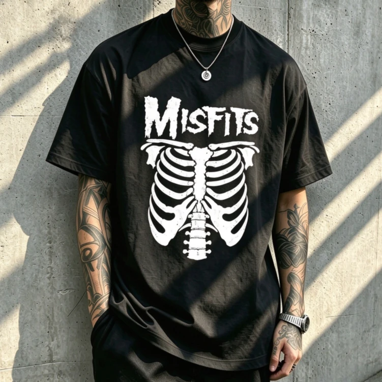 Vintage Punk Rock Skeleton Rib Print Tshirt Unisex Misfits Letter Graphic Short Sleeve Casual Street Tops Cotton Unisex Y2k Top